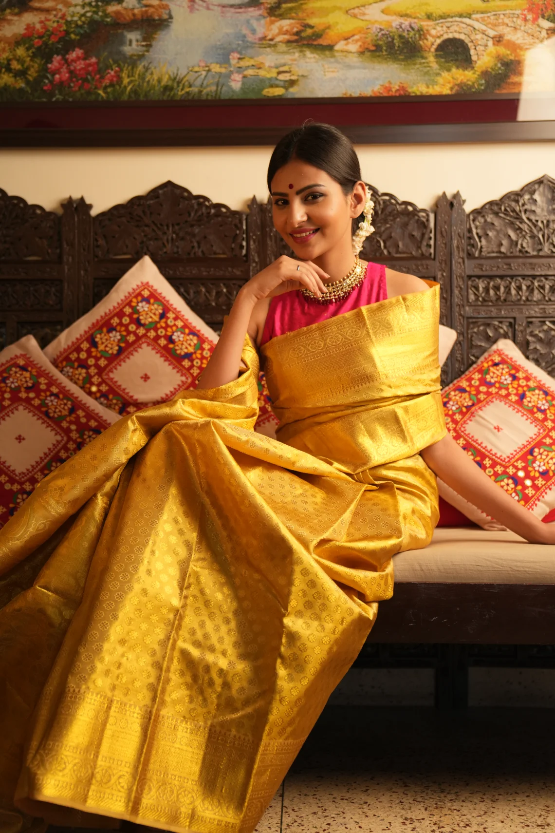 Golden Kanjeevaram pure silk saree with handwoven design all over saree