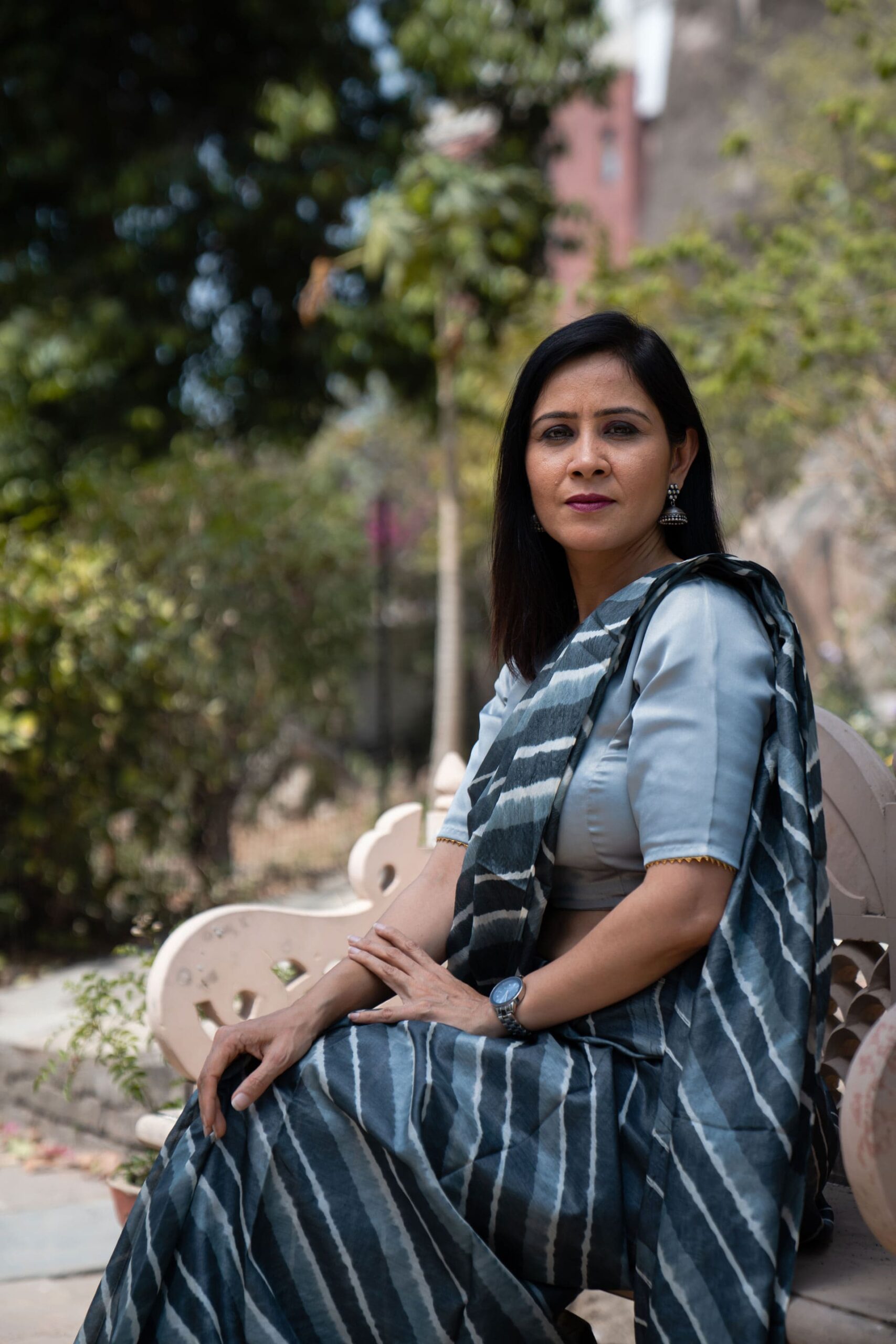 Grey & White handmade leheriya pure silk saree