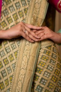 Pastel Green Georgette Khaddi Banarsi Saree with hand bandhani - Image 4