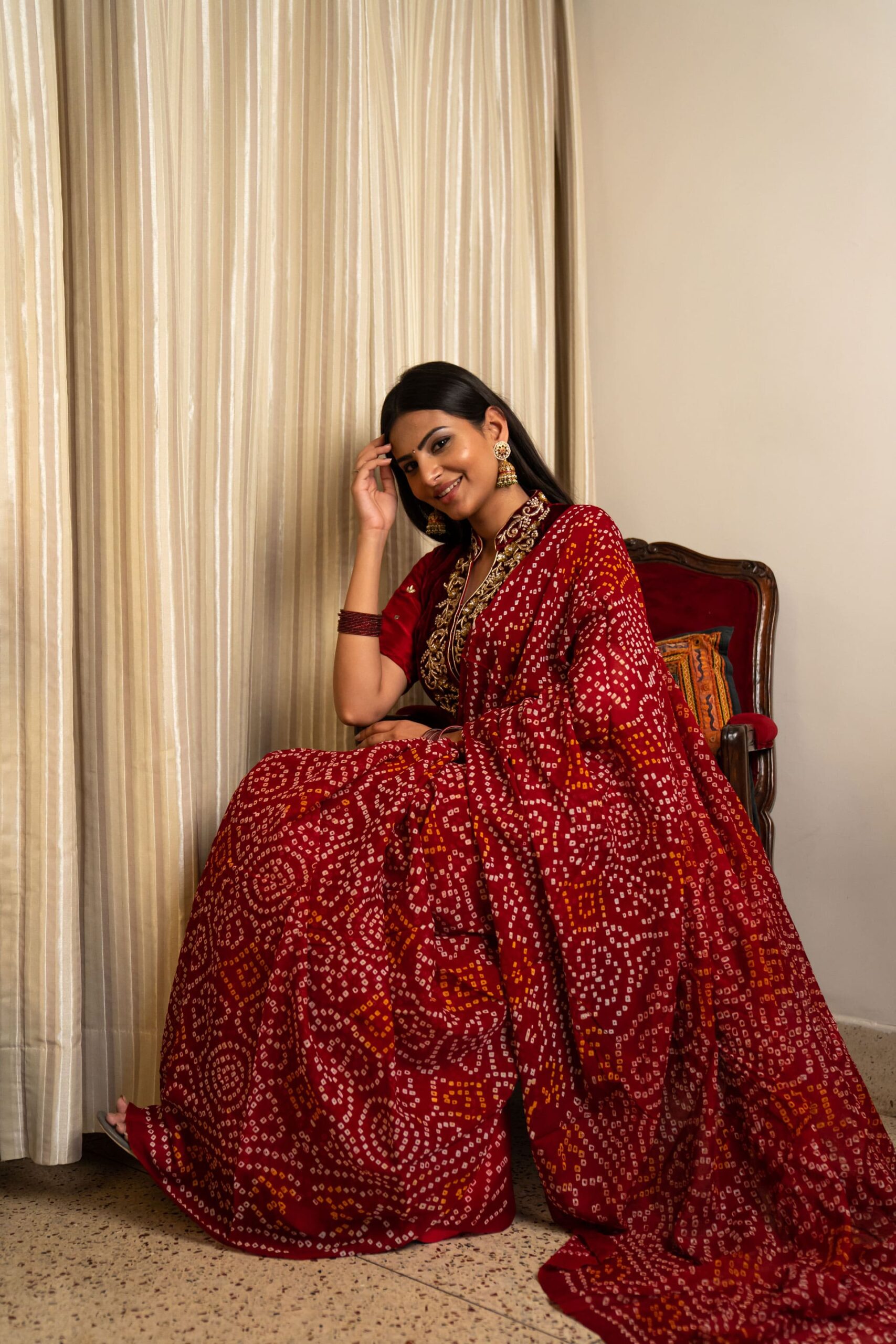 Maroon hand bandhani pure georgette saree