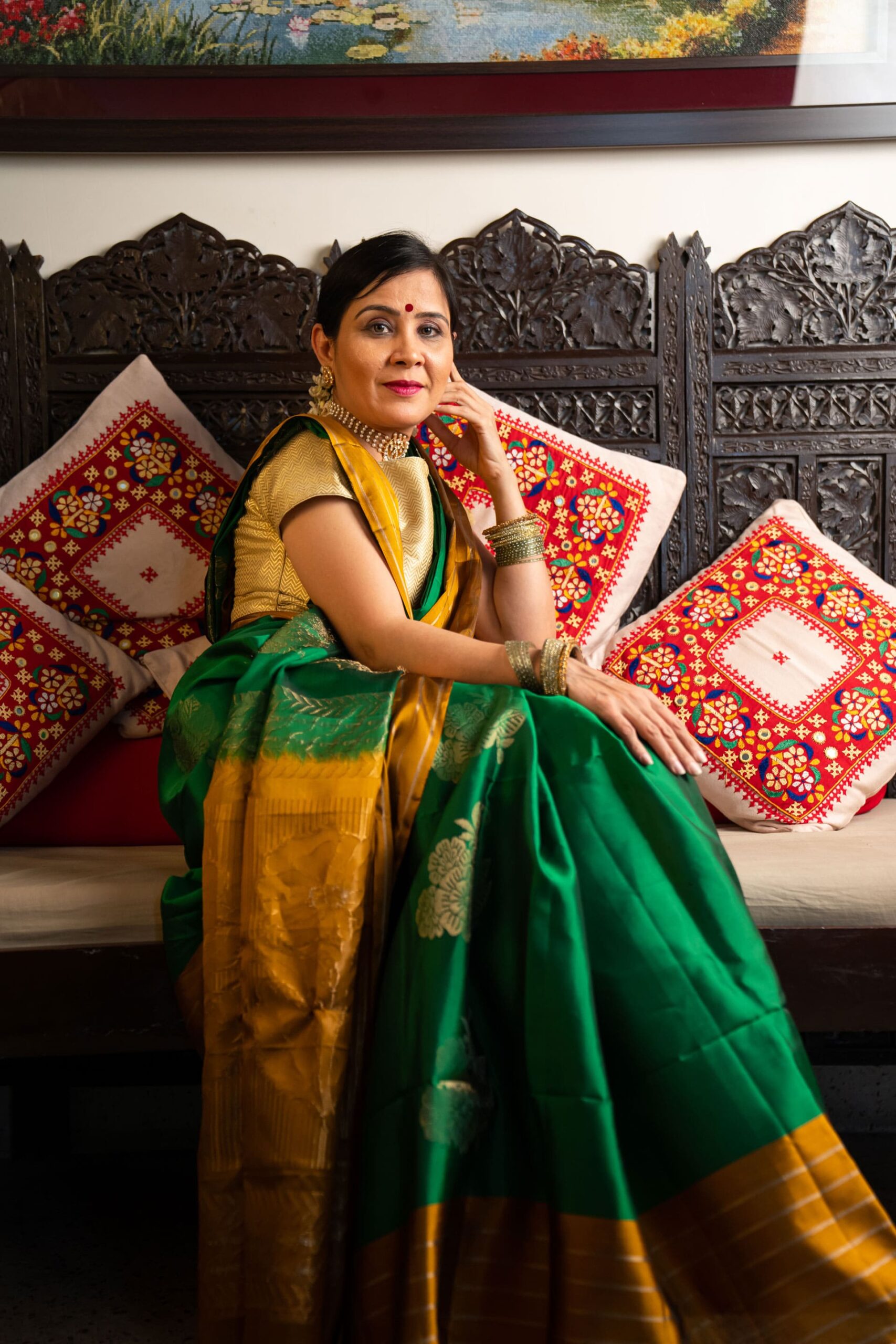 Green & Mustard Yellow Kanjeevaram pure silk saree