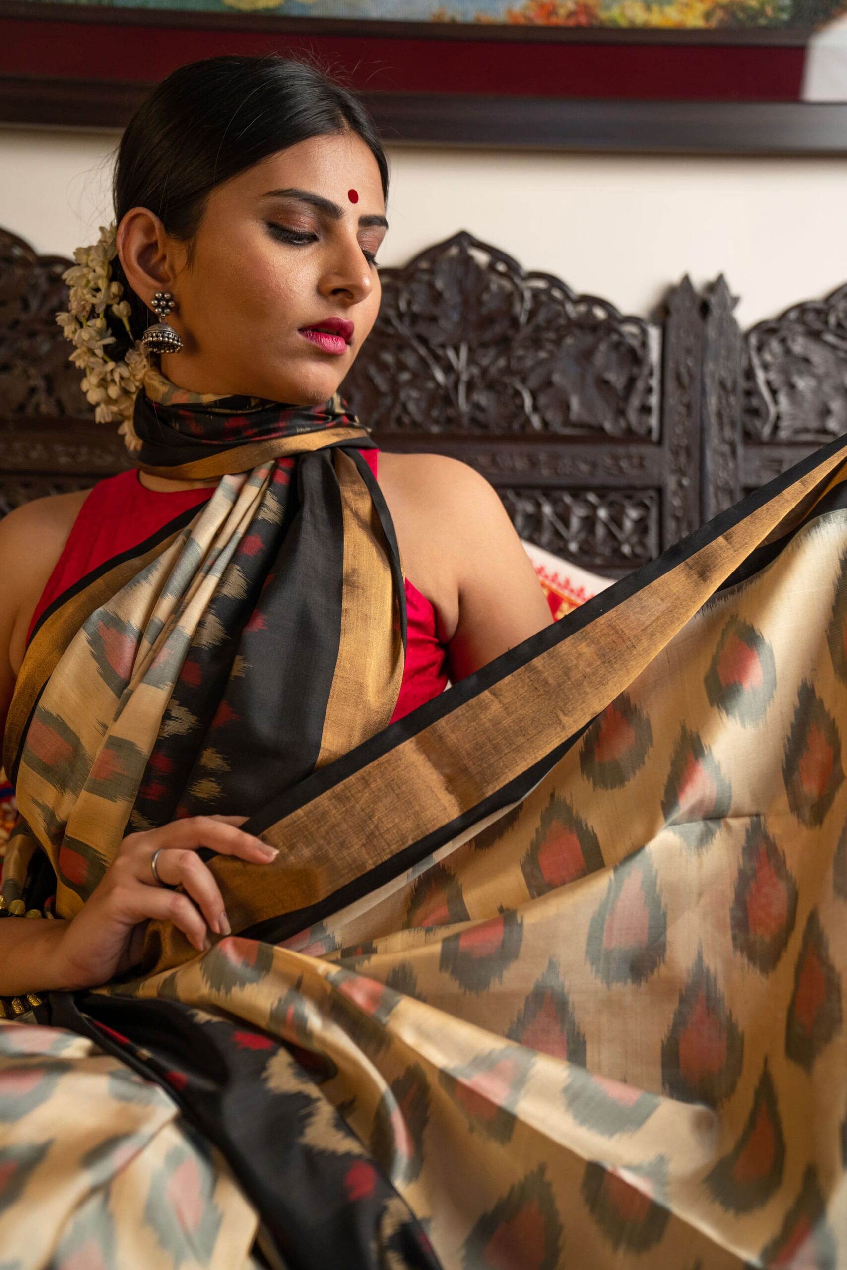 Pastel Beige and Black ikkat pochampalli pure silk saree