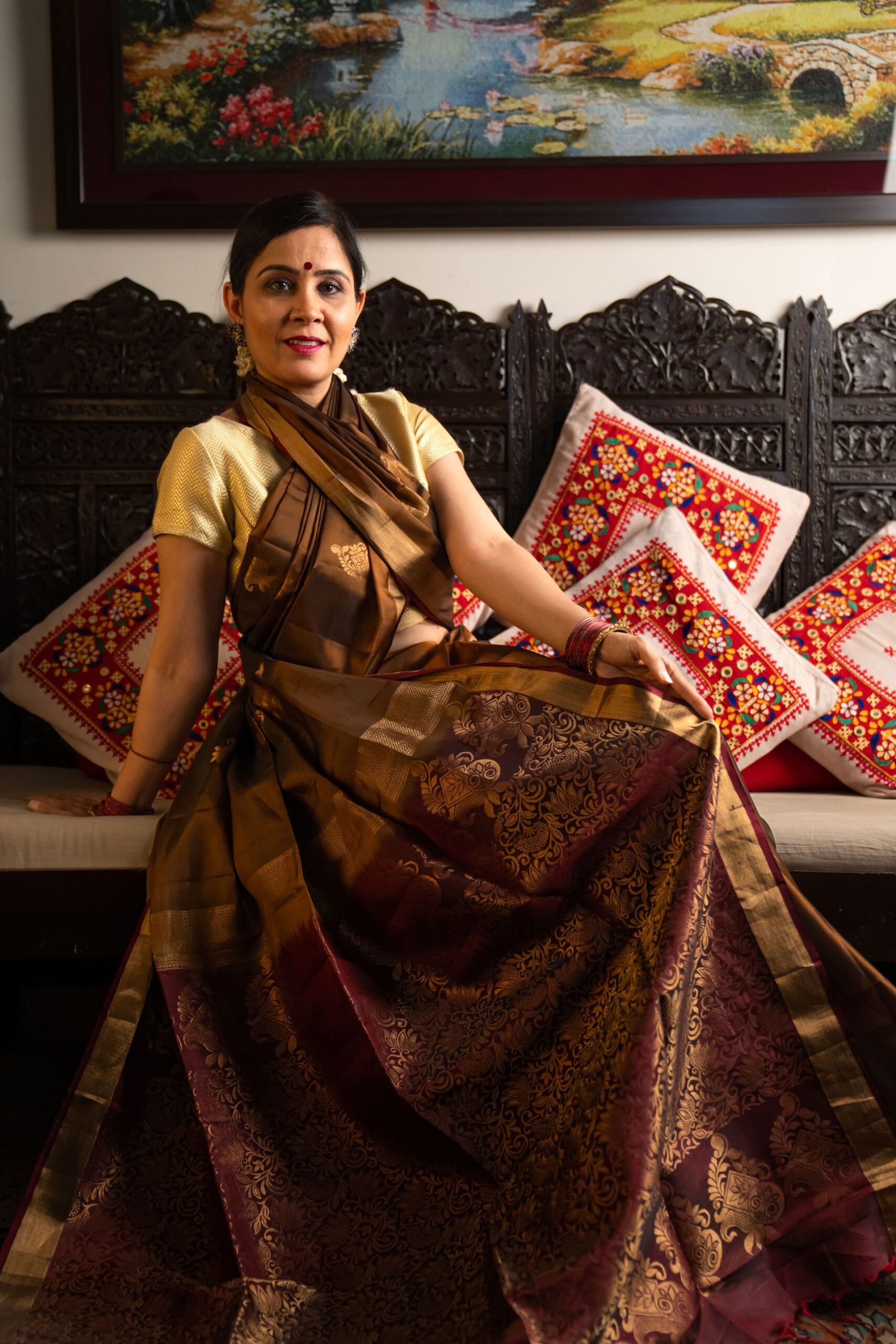 Maroon and brown Handloom Kanjeevaram pure silk saree