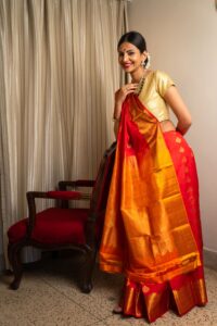 Red Kanjeevaram pure silk saree with gold border and pallu - Image 3